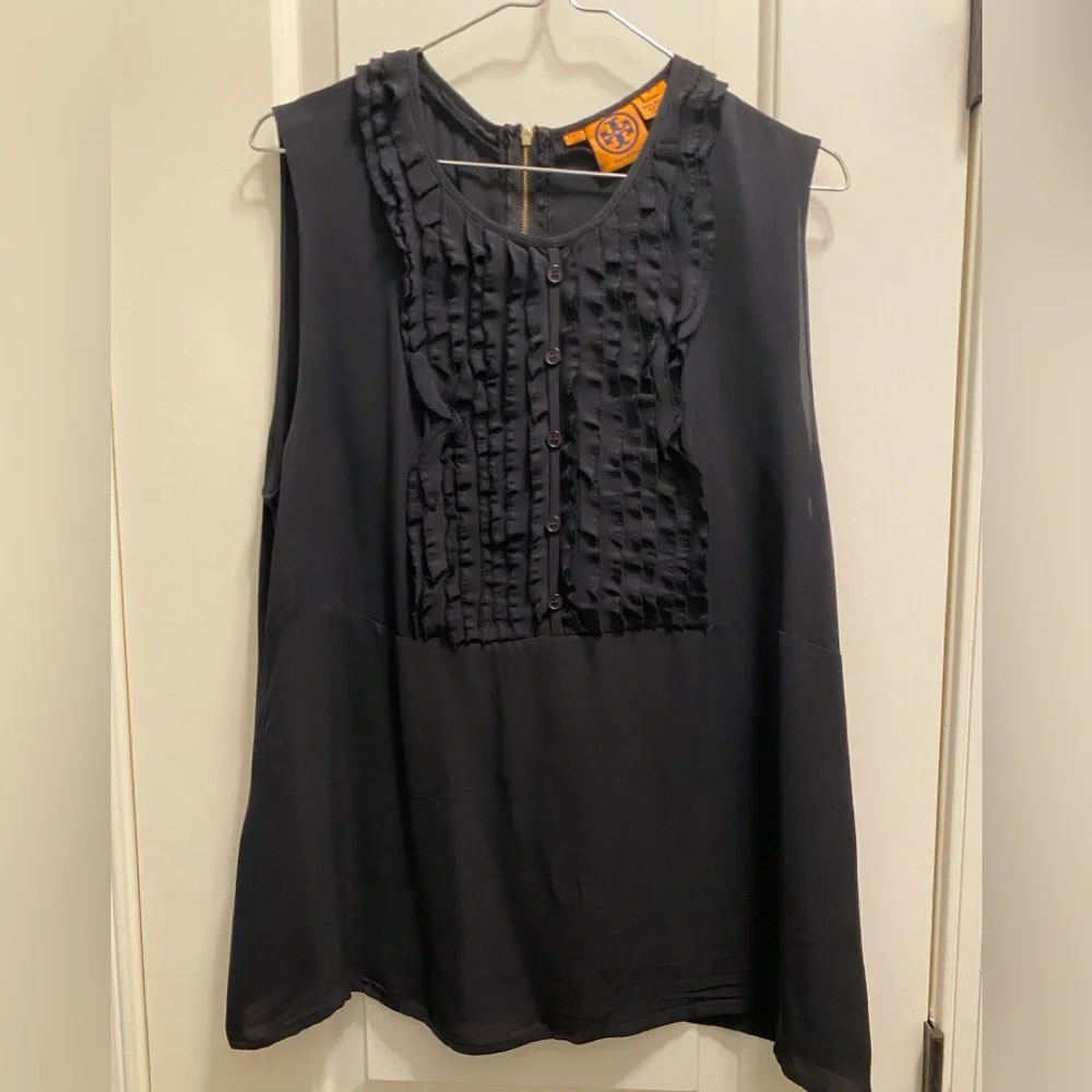 Tory Burch sleeveless black silk top w ruffle front & zip back size 14